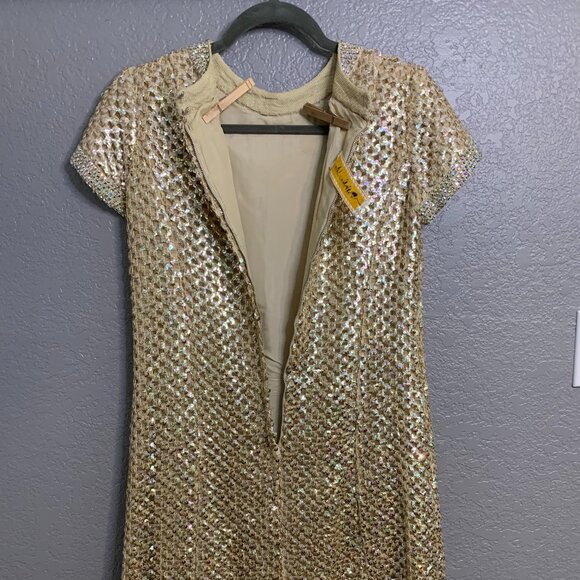 Vintage Mod Gold Knit Sequin Lined Rhinestone Collar Shift Dress Pat Sandler - Picture 6 of 10